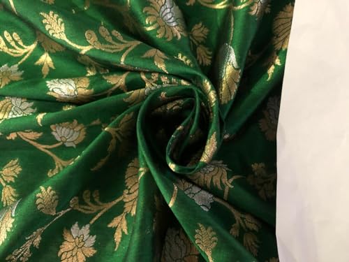 Tissu brocart en soie jacquard floral vert or argent au mètre BRO937