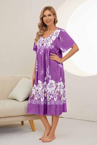 Image of House Dresses for Women with Pockets Mumu Dresses Short Sleeve Moo Moos for Women Nightgown Duster Lounge Dress S-3XL