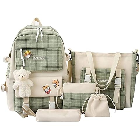 5Pcs Set Kawaii Aesthetic Backpack for Girls, Cute Sage Green Plaid Backpack Light Academia School Bookbag Lattice Laptop Bag Back to School Backpack Cover