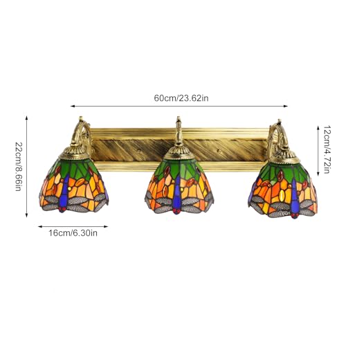Image of Wall Sconce Vintage Bedside Wall Mount Lamp 3-Light Dragonfly Stained Glass Shade Wall Light for Bedroom Hallway Stairway Balcony