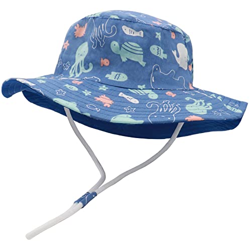 Dinghui Chapeau de Soleil à Large Bord pour Enfants - en Coton - Imprimé Requin - Unisexe, Bleu, 2-4 Ans Cover