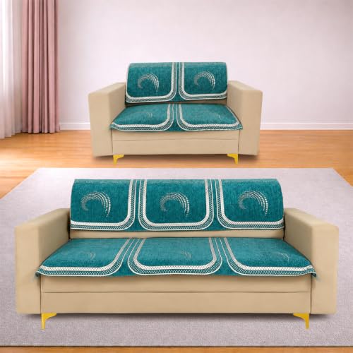 Image of Homerz Premium Chenille Fabric Sofa Cover | Soft, Durable & Dustproof | Decorative Couch Cover (Ghoomar Teal, 5 (3+2) Seater, Seat Cover with Backrest)