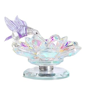 Ornalrist Crystal Flower with Purple Hummingbird Figurine, Glass Lotus Floral Collectible Decorative Paperweight with Rotatable Base Valentines Gifts for Women