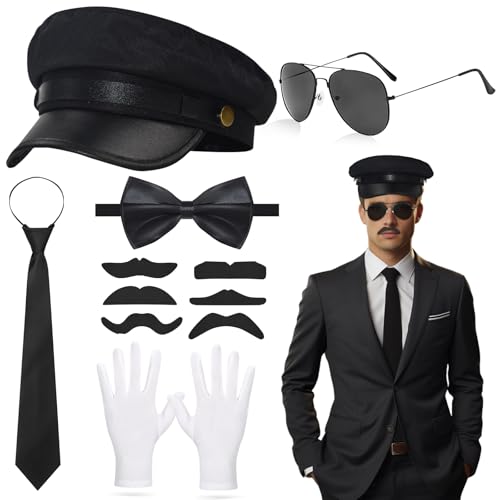 12PCS Chauffeur Costume Driver Accessories, 1980s Novelty Limo Taxi Fancy Dress Set with Black Necktie Hat Sunglasses Fake Mustache Gloves for Men Women Adults Cosplay Gangster Biker Uniform Party