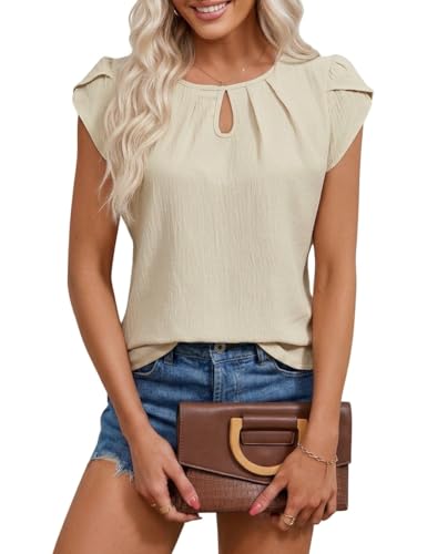 Chicrise Tshirt Damen Sommer Flügelärmeln Basic Bluse Rundhals Lässig Oberteil Elegant Schickes Beige Groß 42-44 L