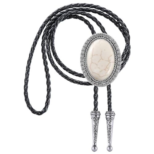 Image of Jeilwiy Bolo Tie for Men Real Stone Westwern Cowboy Ties Silver Bolos Women Leather Necktie Gift for Birthday Christmas