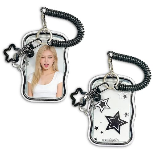 1stk Photocard Holder Kpop, Schwarzer Stern Karten Halter mit Spring Rope, Kartenhalter mit Schlüsselanhänger Photocards, Kpop Merch Zubehör für Idol Album Karten Bank Foto ID Card, Geschenk für Fans