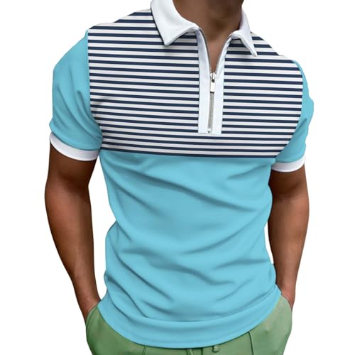 Polo con cremallera para hombre, manga corta, transpirable, camiseta de verano, polo para hombre, corte regular, camiseta de ocio, polo de manga corta, corte ajustado, hombres, Azul cielo., XXL