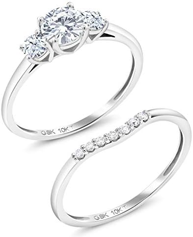 10K White Gold Forever Brilliant Moissanite by Charles & Colvard and White Created Sapphire Women 3-Stone Bridal Engagement Wedding Ring (0.83 Cttw, Available in size 5, 6, 7, 8, 9)