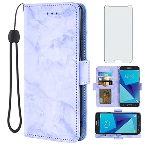 Asuwish Phone Case for Samsung Galaxy J3 Luna Pro J 3 Prime 2017 Emerge 3J Eclipse Mission with Screen Protector and Marble Wallet Cover Card Holder Slot Stand Cell Accessories S327VL Women Men Purple