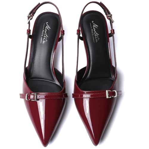 Image of Mostrin Kitten Heels for Women Pointed Toe Pumps Patent Leather Low Heel Slingback Heels with Buckle Dress Shoes for Dating Party Working