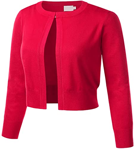 Comfy World Women's Classic 3/4 Sleeve Bolero Shrug Crew Neck Hook Front Soft Knit Slim Fit Open Crop Cardigan Sweater Red L #TOP11