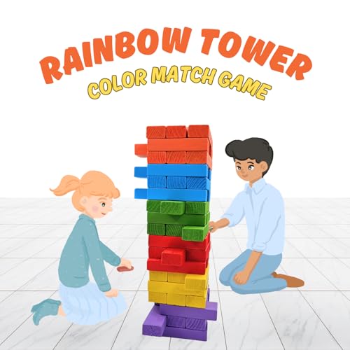 Image of 54 Pcs Colourful Wooden Blocks for Kids 7-14 Years | Indoor Balancing & Building Game, Montessori Wooden Toys, Kids Activity Tower Block for Cognitive Development & Fun