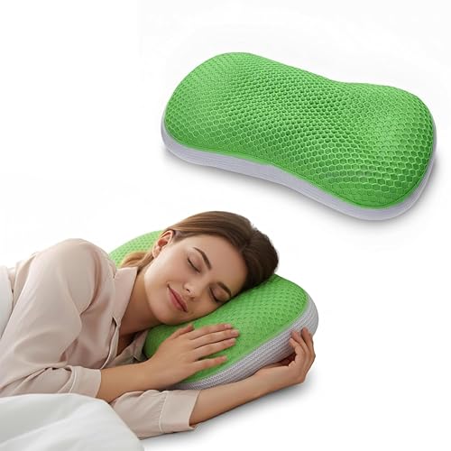 Image of Ergonomic Curved Cooling Gel Pillow, Microfiber Filled with Hexagonal TPE Grid Layer, Neck & Shoulder Support, Air Flow Design, Zippered Washable Cover, 24x13x5 inch, Green