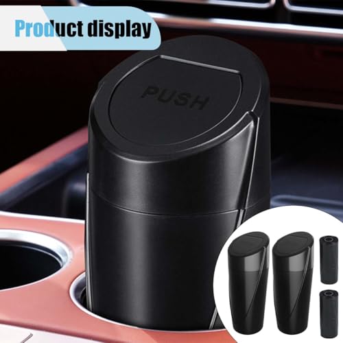 Image of Car Trash Can Bin with Lid, Portable Leakproof Automotive Garbage Can Bin, Car Cup Holder Trash Can with 1 Roll Trash Bags, Mini Car Storage Interior Accessories for Car, Vehicle, Office, Home (2PCS)