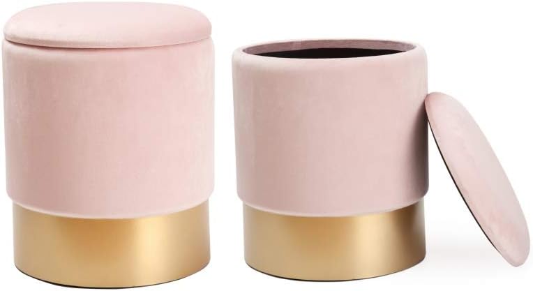 Set of 2 Vintage Velvet Ottoman Storage Stool With Lids Seat Foot Stool Dressing Table Stool (Baby Pink)