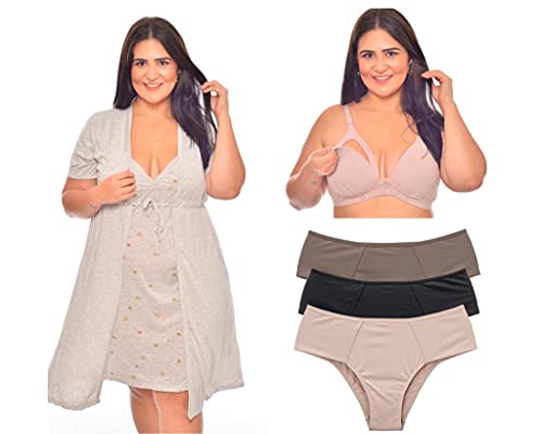Kit Camisola Gestante com Robe Pós Parto Amamentação Maternidade Sutiã com Bojo e Calcinhas Tamanho: