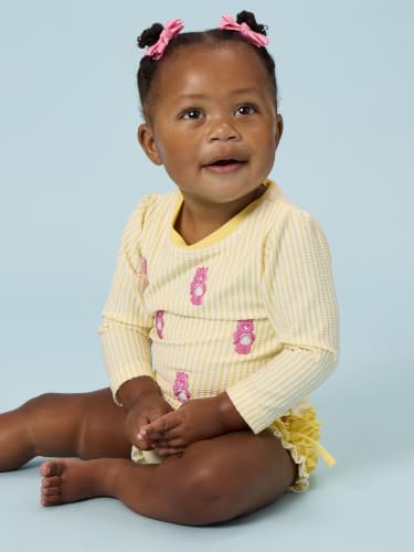 Image of RuffleButts Baby Girls Seersucker Rash Guard - One Piece Swimsuit UPF 50+ | Premium Quality, 4-way Stretch, Snap + Zipper Closure, Long Sleeves, Hand Wash, UPF 50+ Sun Protection