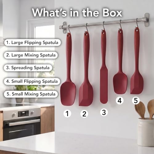 Image of OVENTE Silicone Spatula Set of 5, Heat Resistant, Red SP12305R | Food Grade Rubber Spatula, BPA-Free and Dishwasher Safe, Nonstick Kitchen Utensils for Baking, Cooking and Mixing