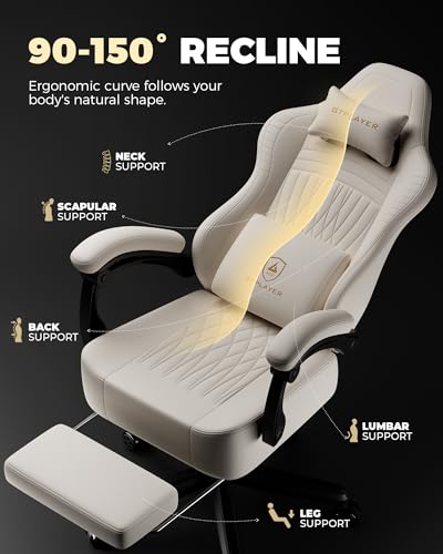 Image of GTPLAYER Gaming Chair, Video Game Chairs with Footrest, PC Gamer Chairs for Adults - Padded High Back Ergonomic Reclining Silla Gamer, Linkage Armrest, Ace Pro, Ivory