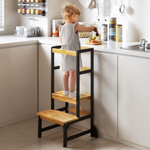 EXABANG Lernturm für Kinder, Stylisch Kippschutz Montessori Höhenverstellbar Learning Tower aus 100% Natürlicher Bambus, Höchste Sicherheit ab 1 Jahr für Küche Tisch Bad