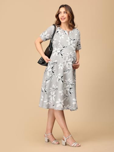 Image of The Mom Store Maternity and Nursing Dress | Pre and Post Pregnancy Dress for Womens | Zipper /Button Opening | Causal Wear | Trendy Stylish Causal Dresses for New Moms