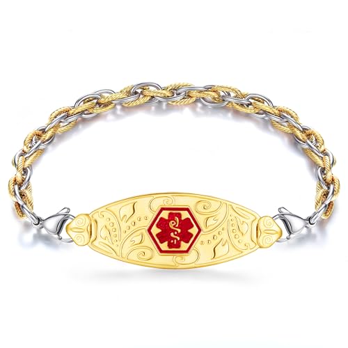 Divoti Medical Alert ID Bracelet for Women | Custom Engraved PVD Gold Filigree ID Tag with Inter-Mesh Chain | Hypoallergenic Adjustable Lobster Clasp | Emergency Identification Jewelry