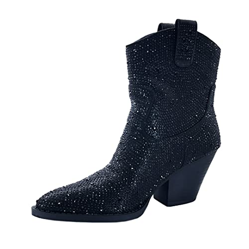 Image of ABSOLEX Women Western Cowgirl Cowboy Pointed Toe Rhinestone Ankle Booties