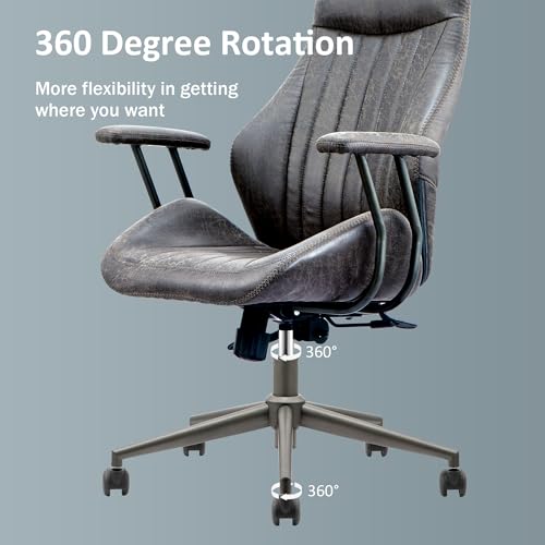 Image of High Back Home Office Chair, Mid Century Vintage Executive Chair,Comfy Ergonomic Rolling Office Task Chair with Lumbar Support,Faux Leather Office Chair,Dark Gray