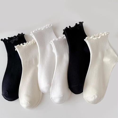 Women's Ruffle Ankle Socks, 3 - Pair Set, Black & White Cute Frilly Cuffs2