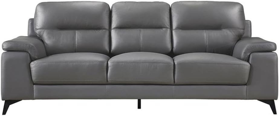 Pemberly Row 2-Piece Sofa Set, Top Grain Leather and Faux Leather, Dark Gray Finish, Pillow-Top Arms, Black Metal Legs, Solid Wood and Plywood Frame, High-Density Foam Cushions, Modern Living Room