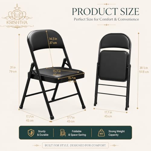Image of Metal Folding Chair with Soft Cushioned Leatherette Seat | Foldable Chair for Home, Office, Study, Balcony, Kitchen & Restaurant | Space Saving Portable Steel Chair | Black