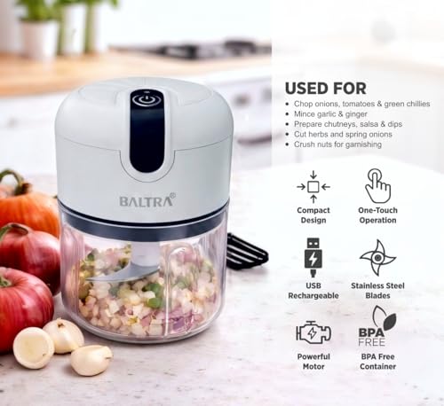 Image of BALTRA Slice Rechargeable Mini Electric Chopper, 250ml Food Grade Bowl, Stainless Steel Blades, One Touch Operation, 3 Stainless Steel Blades for Effortlessly Chopping Vegetables, Fruits 1yr Warranty
