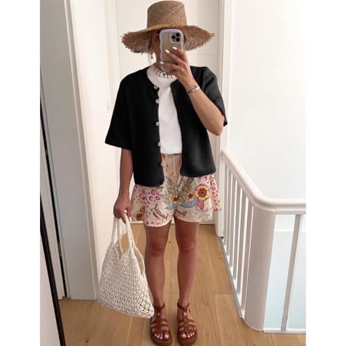 Image of Women Y2k Knitted Crop Cardigan Shirt Short Sleeve Button Down Ribbed Knit Crop Top Outwear Top Tee Shirt