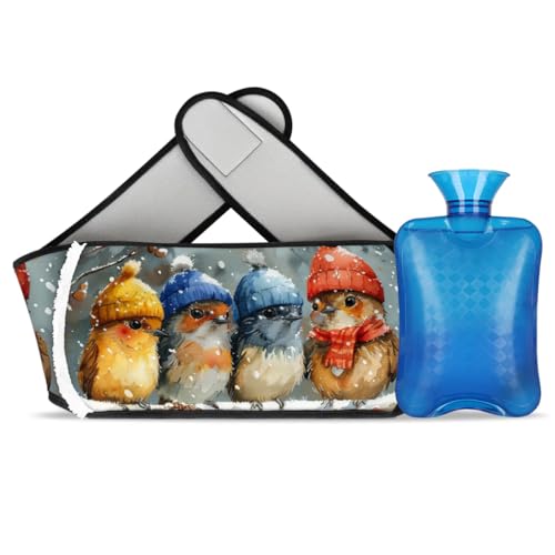 Hot Water Bag with Waist Cover Winter Branch Bird Warm Hot Water Bottle Belt Plush Double Hand Insert Wearable Water Bag Detachable Hot Bottle Pouch for Neck Shoulder Pain Relief