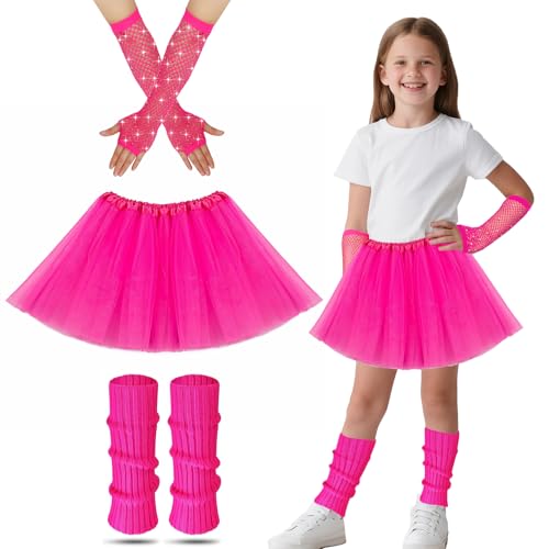 Déguisement Année 80 Enfant,80s Robe Fantaisie Pour Enfants Avec des Chauffeurs de Jambes Rose Jupe Gants de Filet de Poisson Néon Robe Fantaisie Accessoires de Costume Fête À Thème Set Filles (Rose)