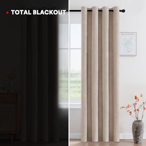 Image of PrinceDeco Linen Blackout Curtains 90 Inch Length Room Darkening Curtains with Natural Slubs & Grayish (Not Solid) Black Out Curtains for Bedroom Full Light Blocking Drapes - Heathered Sand