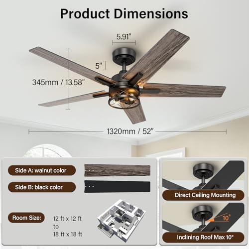 Image of 52 Inch Black Caged Ceiling Fans with Lights and Remote, No Light Bulbs