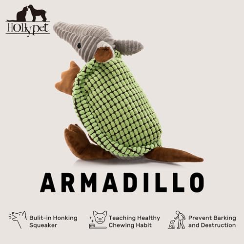 Image of Hollypet Plush Dog Squeaky Toy Stuffed Armadillo Animal Pet Puppy Chew Toys with Clean Teeth for Small Medium Large All Breed Sizes Dogs, Cantaloupe Green, 14 in