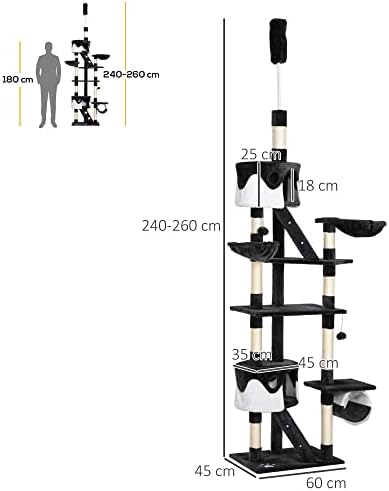 PawHut Floor To Ceiling Cat Tree For Indoor Cats Scratching Post Activity Centre Kitten Tree Scratch Scratcher Play Toy Climbing Tree Bed Multi Level 240-260cm Deep Grey
