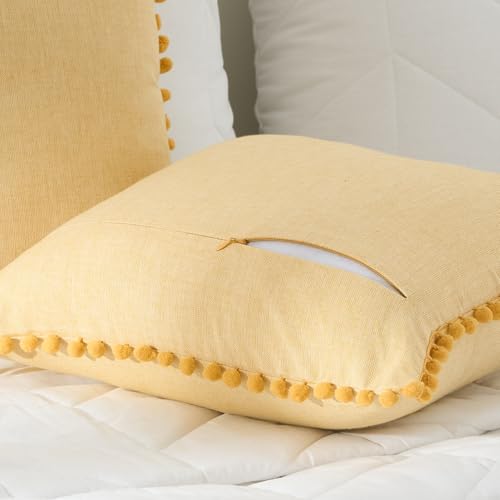 Image of 100% Cotton Pom Pom Cushion Without Filler, Elegant & Modern Cushion Cover for Living Room, Square Shape, 20 inchx20 inch, uni Chambray, Set of 3 - Mimosa