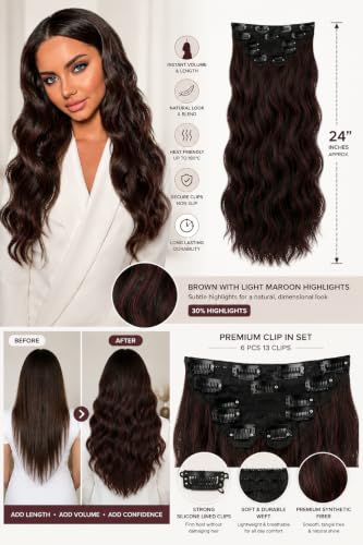 Image of Salon-Grade BROWN with MAROON HIGHLIGHTS Curly /Wavy Clip-in Extensions - 6PCS Synthetic Hair Volumizer with 13 Secure Clips for Instant Volume & Realistic Blend