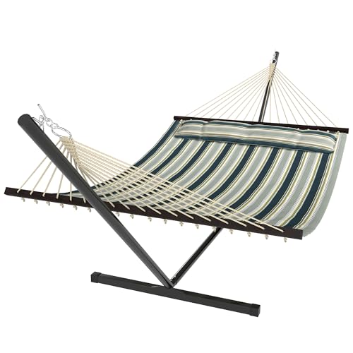 Outsunny Hamaca con Soporte, Hamaca de Jardín Portátil con Almohada Desmontable, Barras Separadoras, Marco de Acero, Carga 120 kg, para Patio, Terraza, Diseño Rayas, 353x94x115 cm, Verde