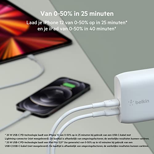 Belkin WCB006vfWH 40 W USB-C PD wandlader (twee USB-C-poorten voor 20 W Power Delivery per poort, voor het snel opladen van iPhone 12, 12 Pro, 12 Pro Max, Mini, iPad Pro, Samsung Galaxy en meer),Eén maat,wit - Afbeelding 4