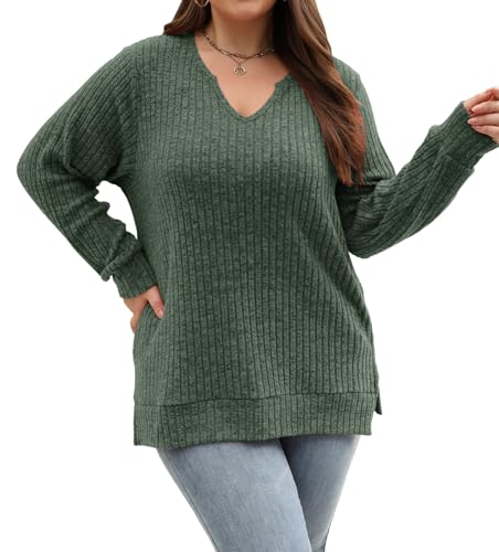 Gloria&Sarah Women's Casual Long Sleeve V Neck Lightweight Knitted Sweaters Loose Fit Plus Size Tunic Tops L-4XL