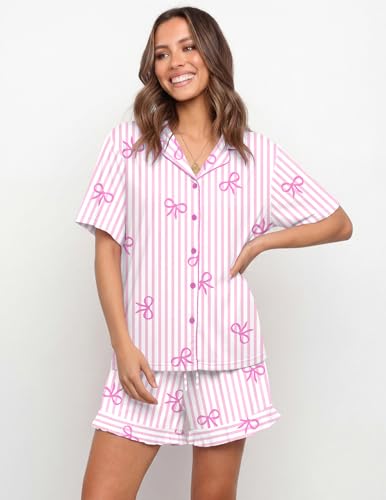 Image of Ekouaer Womens Pajama Sets Button Down Short Sleeve Top and Shorts Cute Ruffled Pjs Sets Sleepwear