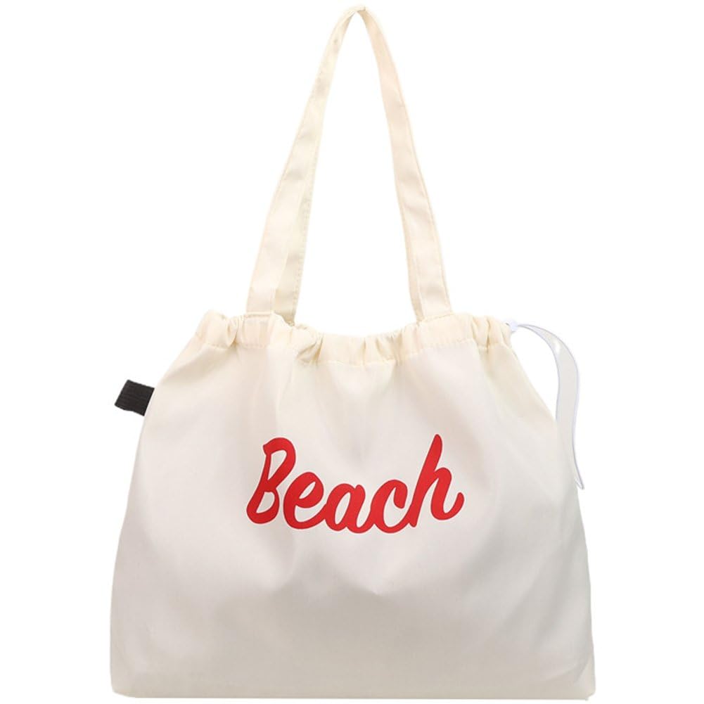 Sslvya Letter Print Tote Bag with Drawstring Large Capacity Beach Shoulder Bag for Daily Travel Grocery Shopping Picnic Use
