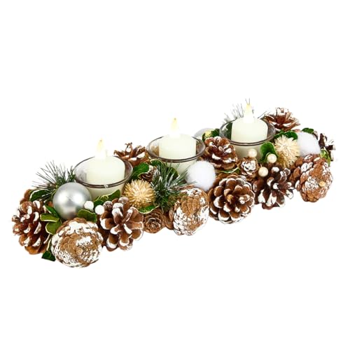 Christmas Table Centrepiece Candle Holder Frosted Pine Cone Glass Tea Light Holder with Silver Bauble Decorations & Artificial Foliage Dining Décor (Triple)