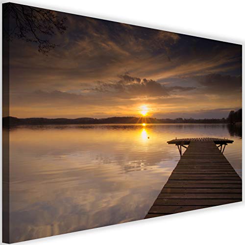 Tableau paysage lac coucher de soleil orange pour salon chaleureux 100x70