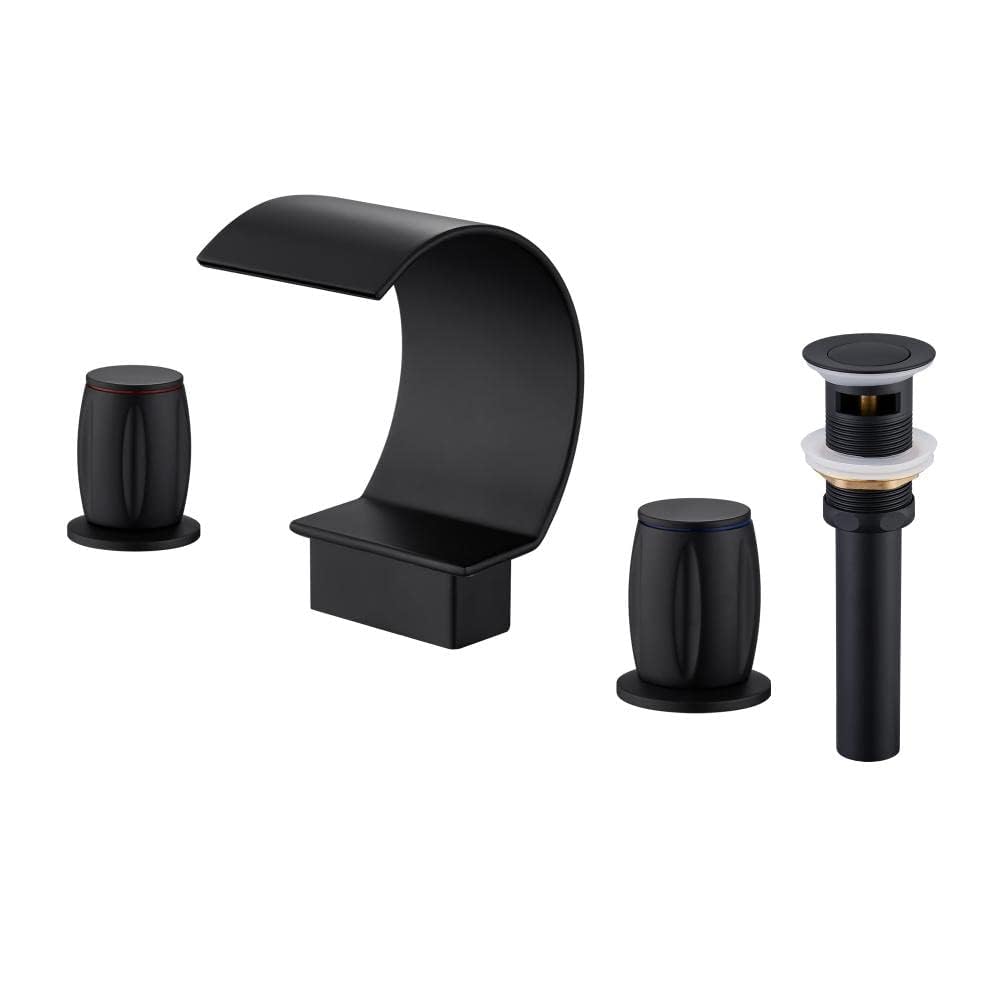 MONDAWE Waterfall Bathroom faucets for Sink 3 Hole with 2 Handles 8 inch High Arc Widespread Black tub
